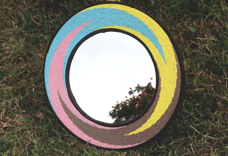 25-inch blue pink and yellow ocean wave beaded mirror