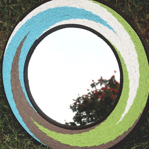 25-Inch blue, green and white ocean wave beaded mirror