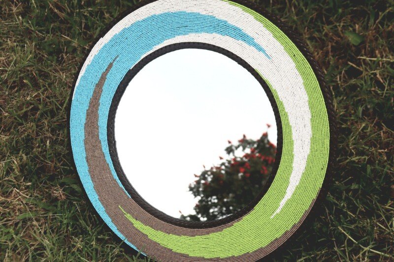 25-Inch blue, green and white ocean wave beaded mirror