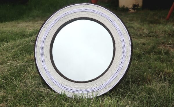 25-inch white Maasai beaded mirror with middle and outer black lining