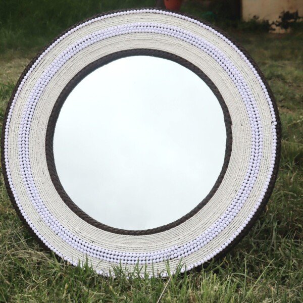 25-inch white Maasai beaded mirror with middle and outer black lining