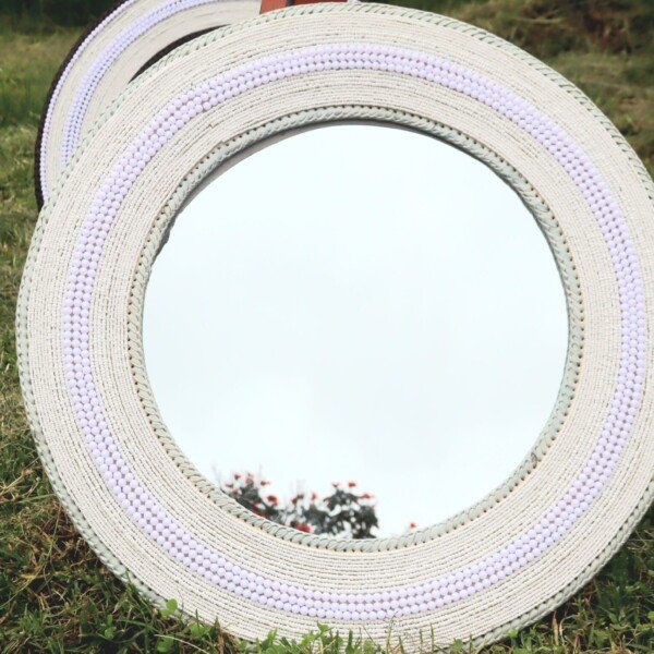 Elegant 25-Inch white Maasai beaded mirror