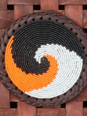 Black, Orange & White Harmony Beaded Coaster – African Artisan Craft Black, Orange & White Harmony Beaded Coaster – African Artisan Craft
