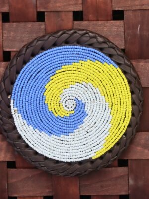 Yellow, Blue & White Beaded Coaster – Handcrafted African Elegance Yellow, Blue & White Beaded Coaster – Handcrafted African Elegance