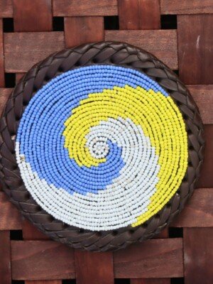 Yellow, Blue & White Beaded Coaster – Handcrafted African Elegance