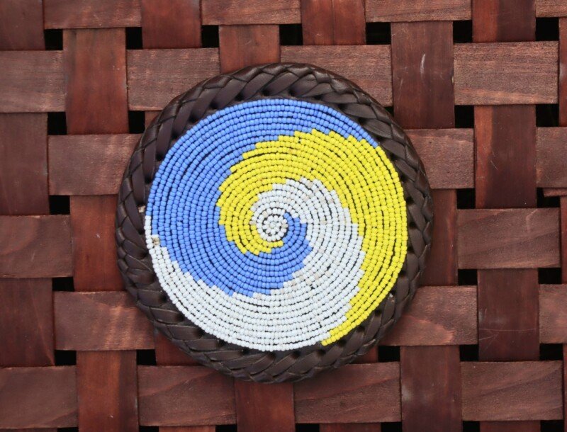 Yellow, Blue & White Beaded Coaster – Handcrafted African Elegance Yellow, Blue & White Beaded Coaster – Handcrafted African Elegance
