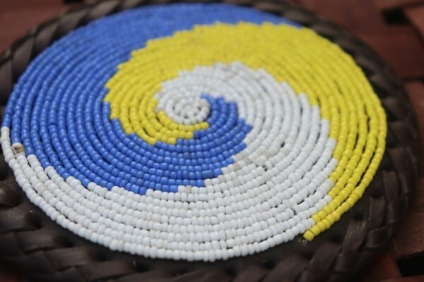 Yellow, Blue & White Beaded Coaster – Handcrafted African Elegance