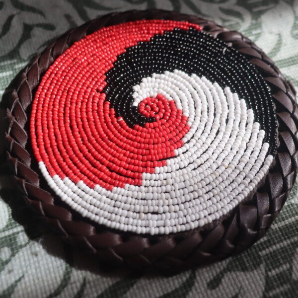 Red, Black & White Beaded Coaster - Handcrafted Design