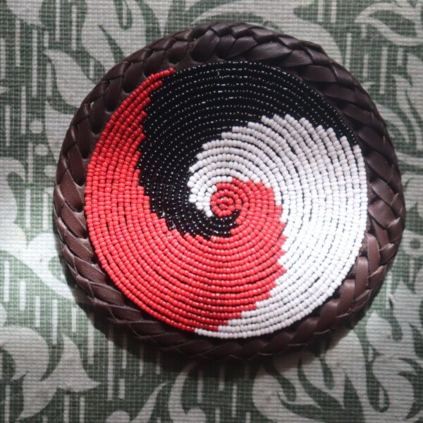Red, Black & White Beaded Coaster - Handcrafted Design