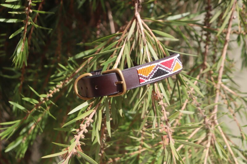 Red, Black, and Orange Beaded Dog Collar - Handmade Maasai Leather