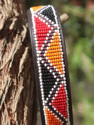Red, Black, and Orange Beaded Dog Collar - Handmade Maasai Leather