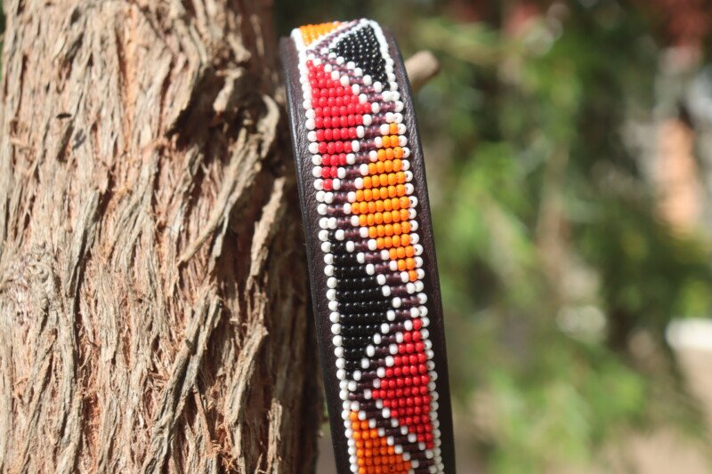 Red, Black, and Orange Beaded Dog Collar - Handmade Maasai Leather