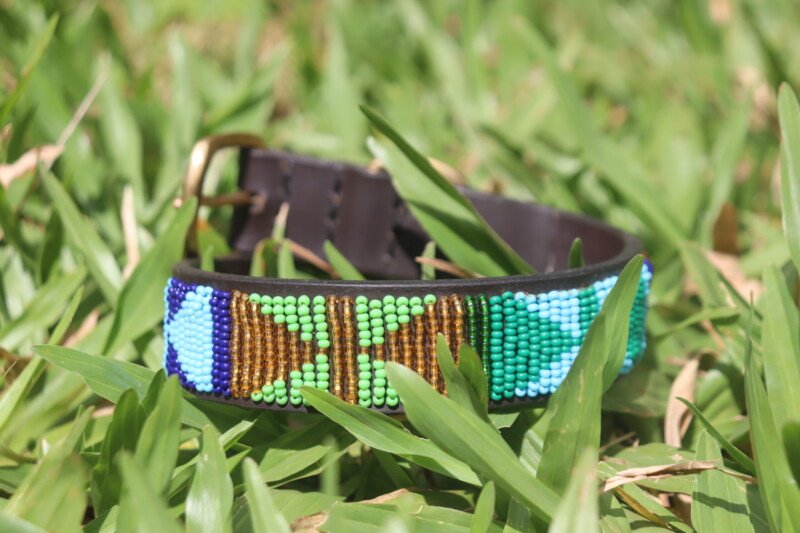 Green Beaded Dog Collar - Handmade Leather with Maasai Beadwork Green Beaded Dog Collar - Handmade Leather with Maasai Beadwork