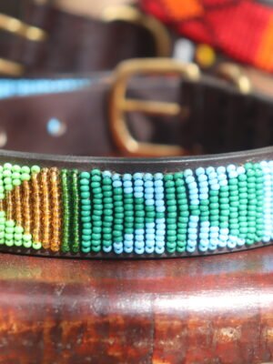 Green Beaded Dog Collar - Handmade Leather with Maasai Beadwork