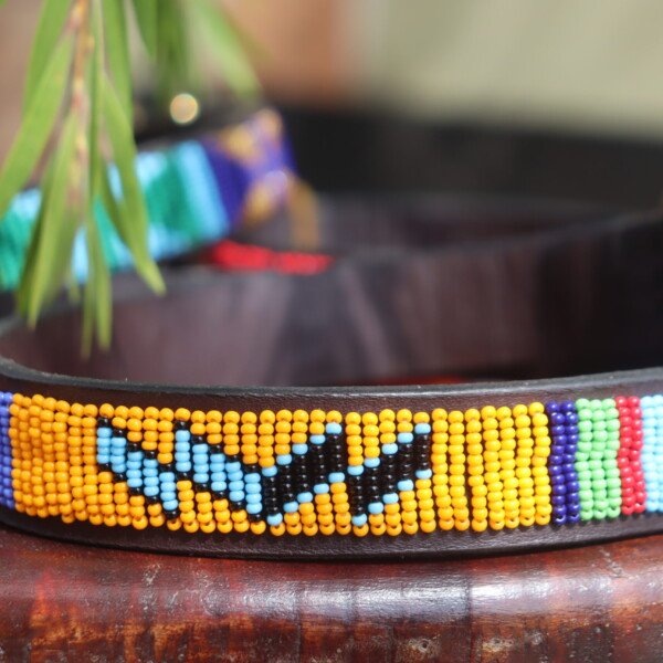 Yellow and Blue Multicolored Beaded Dog Collar - Handmade Leather with Maasai Beads