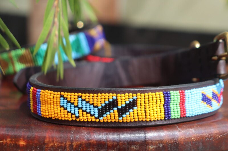 Yellow and Blue Multicolored Beaded Dog Collar - Handmade Leather with Maasai Beads
