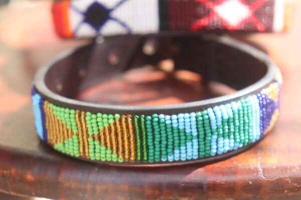 Green Beaded Dog Collar - Handmade Leather with Maasai Beadwork Green Beaded Dog Collar - Handmade Leather with Maasai Beadwork