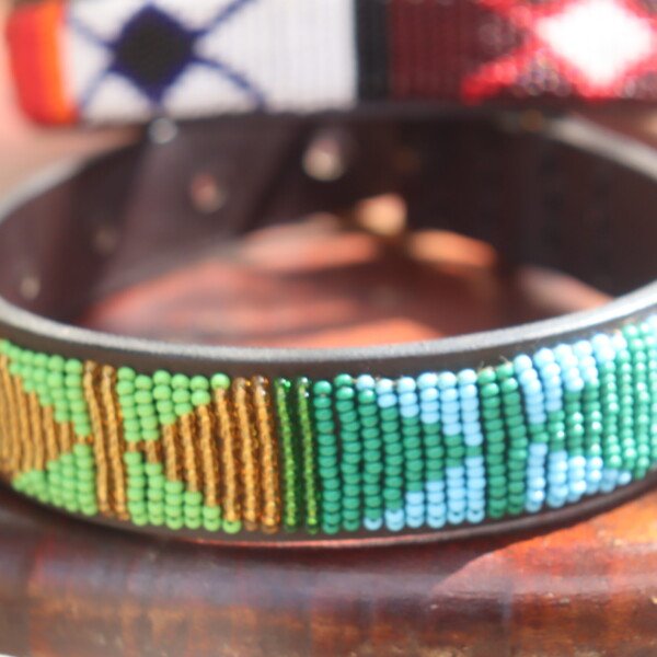 Green Beaded Dog Collar - Handmade Leather with Maasai Beadwork