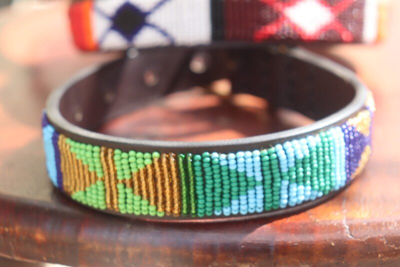 Green Beaded Dog Collar - Handmade Leather with Maasai Beadwork Green Beaded Dog Collar - Handmade Leather with Maasai Beadwork