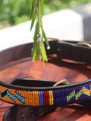 Yellow and Blue Multicolored Beaded Dog Collar - Handmade Leather with Maasai Beads