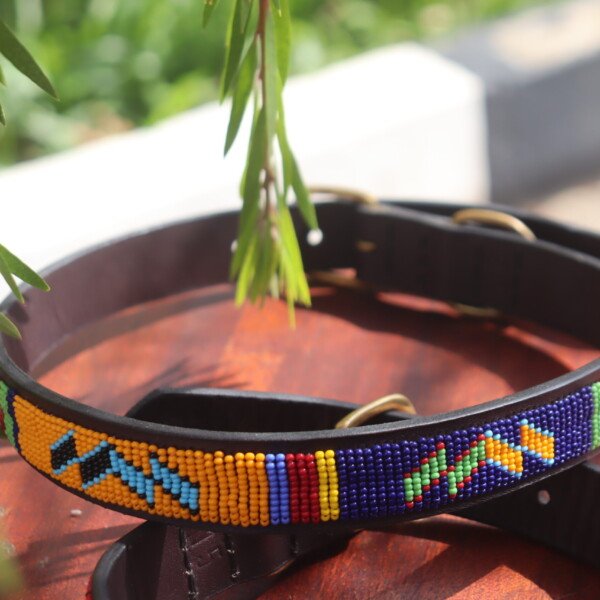 Yellow and Blue Multicolored Beaded Dog Collar - Handmade Leather with Maasai Beads