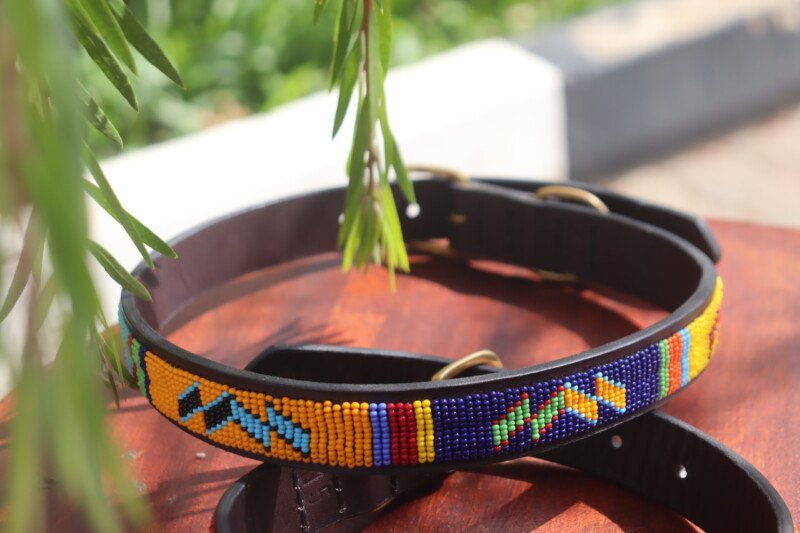 Yellow and Blue Multicolored Beaded Dog Collar - Handmade Leather with Maasai Beads