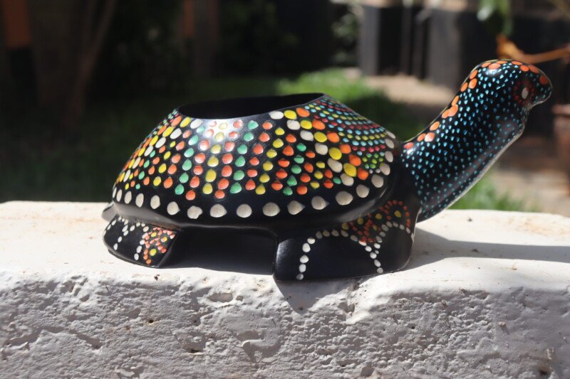 Polka dot multicolored soapstone turtle candle holder