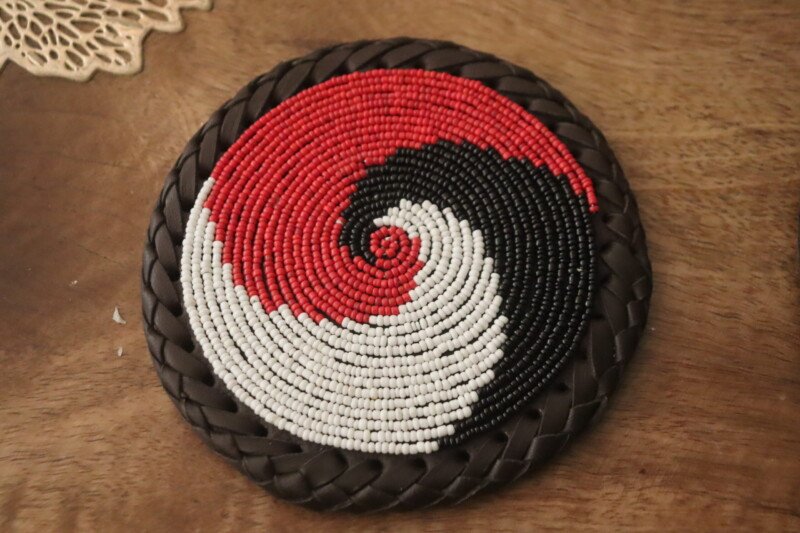 Red, Black & White Beaded Coaster - Handcrafted Design