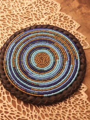Blue Beaded Coaster - Elegant African Handcrafted Table Accent Blue Beaded Coaster - Elegant African Handcrafted Table Accent
