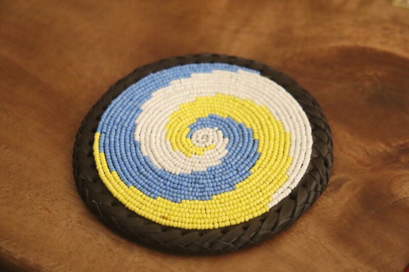 Yellow, Blue & White Beaded Coaster – Handcrafted African Elegance Yellow, Blue & White Beaded Coaster – Handcrafted African Elegance