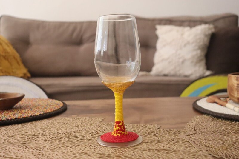 Hand-Beaded Yellow and Red Wine Glass – Handmade