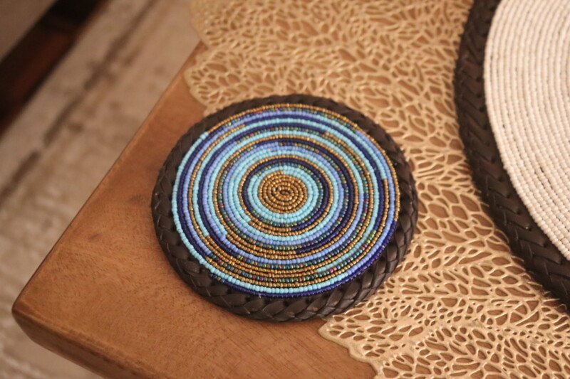 Blue Beaded Coaster - Elegant African Handcrafted Table Accent Blue Beaded Coaster - Elegant African Handcrafted Table Accent