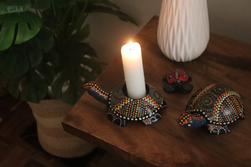 Polka dot multicolored soapstone turtle candle holder