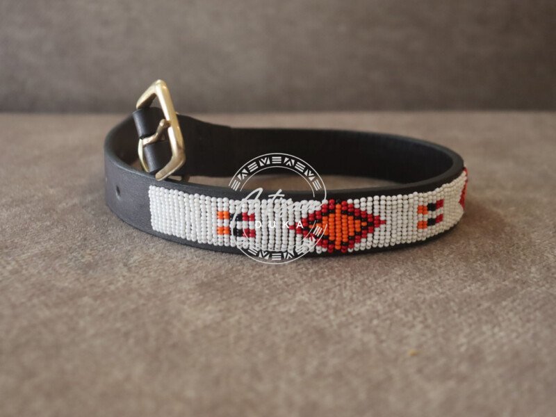Elegant White Beaded Dog Collar - Handmade Leather Pet Accessory