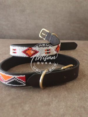 Set of 2 Beaded Dog Collars - White & Orange Handmade Leather