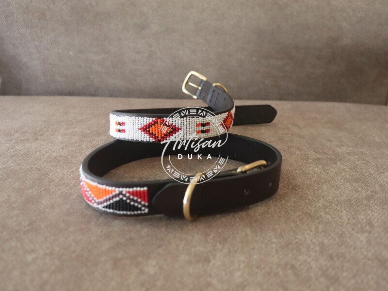 Set of 2 Beaded Dog Collars - White & Orange Handmade Leather