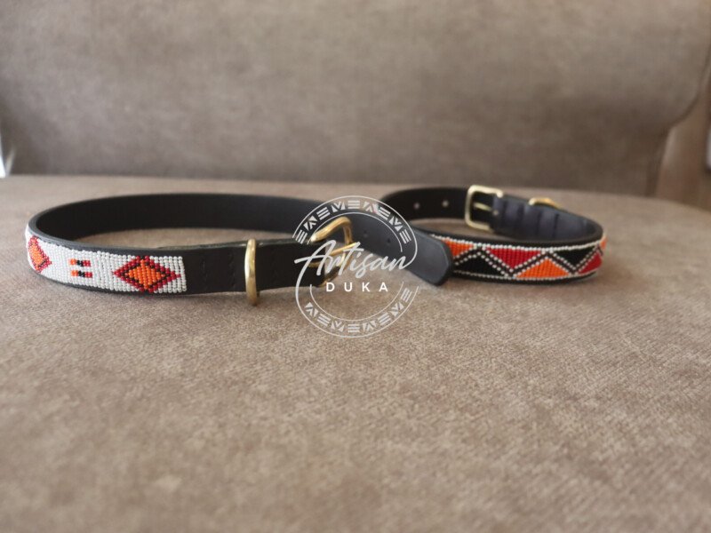Set of 2 Beaded Dog Collars - White & Orange Handmade Leather