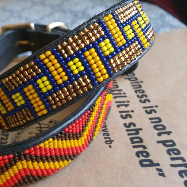 Yellow Beaded Leather Dog Collar - Handmade in Kenya