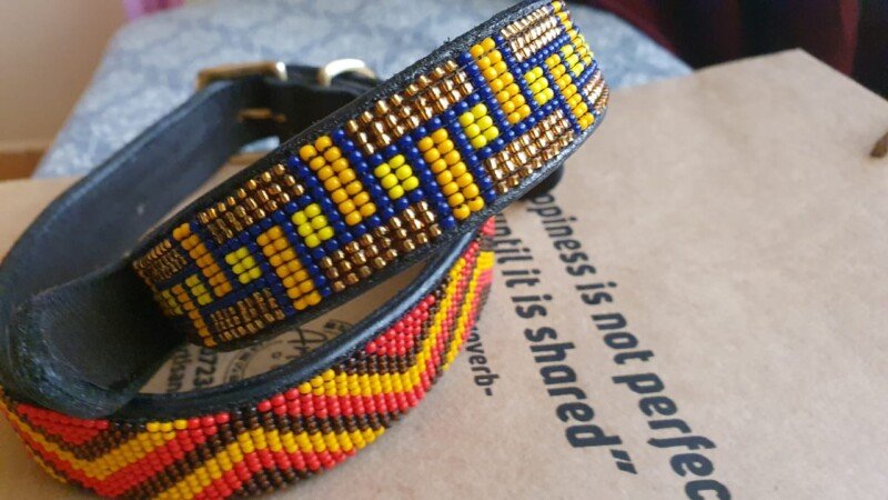 Yellow Beaded Leather Dog Collar - Handmade in Kenya