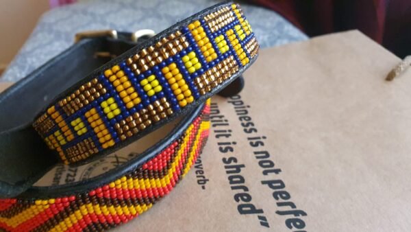 Yellow Beaded Leather Dog Collar - Handmade in Kenya Yellow Beaded Leather Dog Collar - Handmade in Kenya