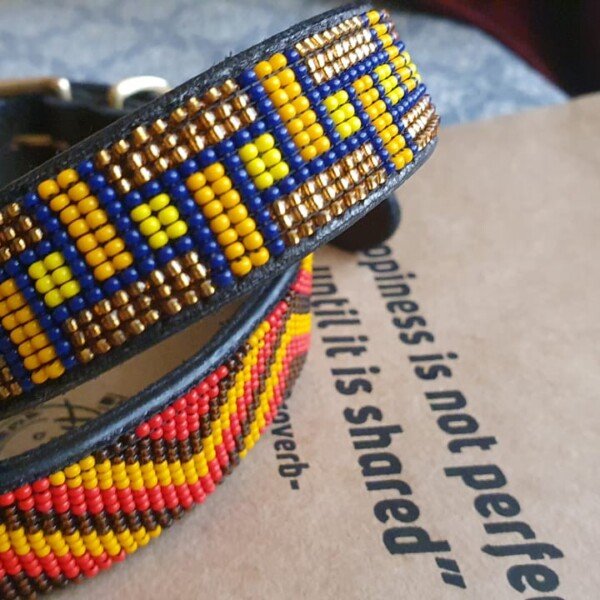Yellow Beaded Leather Dog Collar - Handmade in Kenya