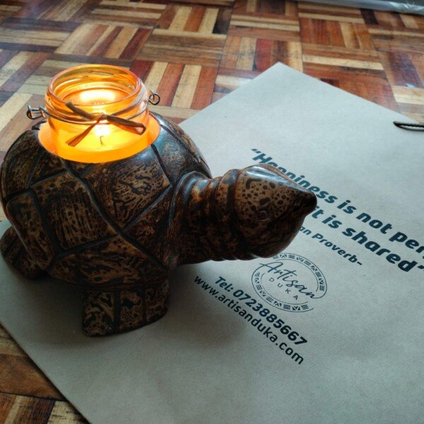 10-Inch Brown Turtle Soapstone Candle Holder - Hand-Carved Kenyan Decor
