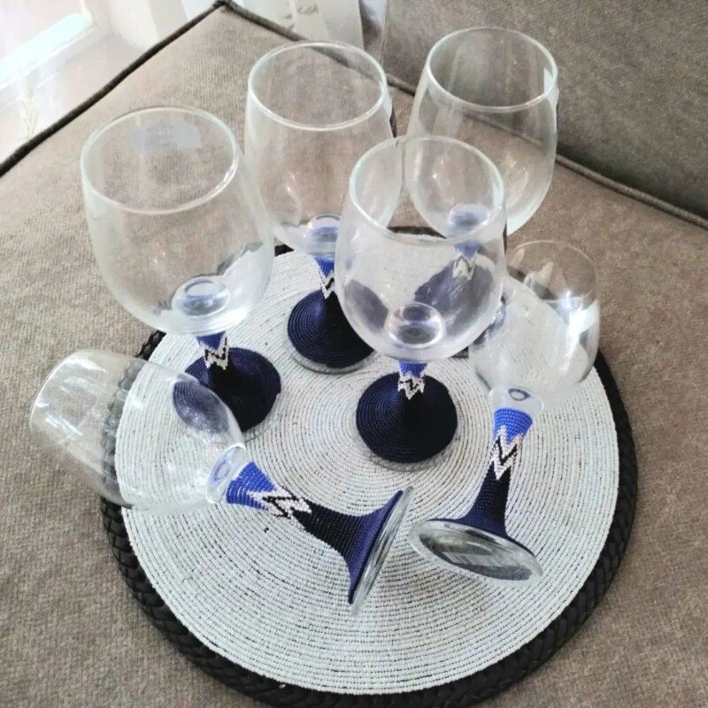 Elegant Navy Blue Beaded Wine Glass – Handmade