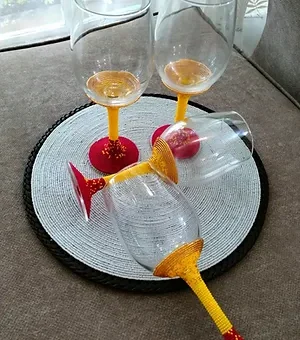 Hand beaded yellow and red wine glasses Hand beaded yellow and red wine glasses
