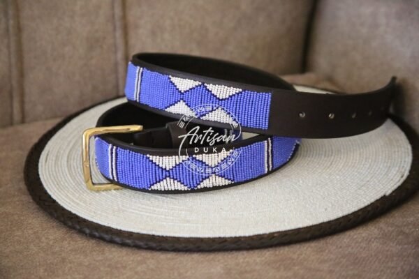 Classic Blue and White Beaded Leather Belt Classic Blue and White Beaded Leather Belt