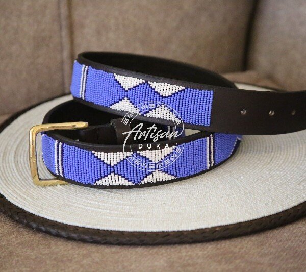 Classic Blue and White Beaded Leather Belt