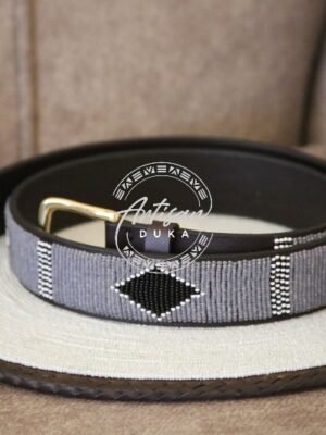 Striped Black and White Beaded Leather Belt with Diamond Design Striped Black and White Beaded Leather Belt with Diamond Design