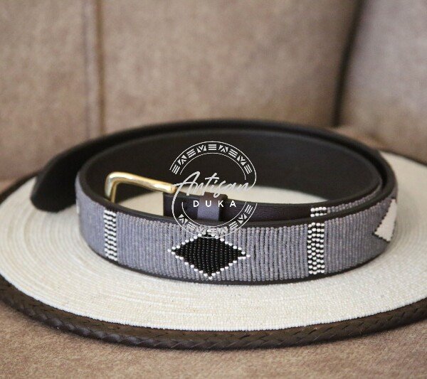 Striped Black and White Beaded Leather Belt with Diamond Design
