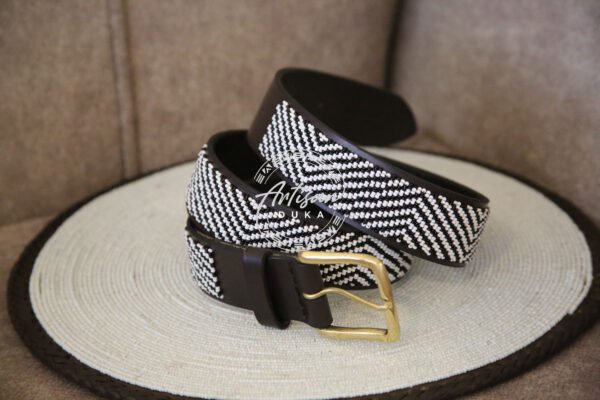 Elegant Black and White Zigzag Beaded Belt - Handmade Leather Belt Elegant Black and White Zigzag Beaded Belt - Handmade Leather Belt