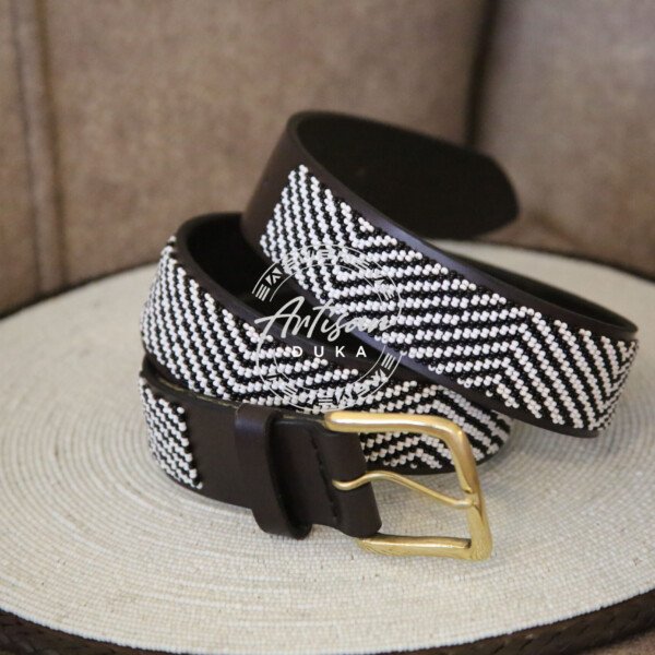 Elegant Black and White Zigzag Beaded Leather Belt